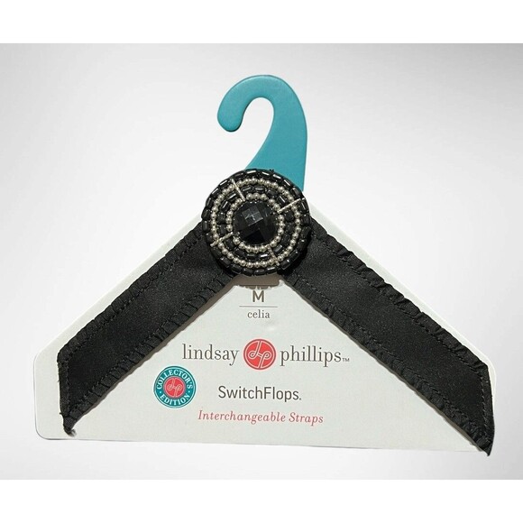 Lindsay Phillips Switchflops Straps Celia Medium Black Satin Beaded Glam Detail - Picture 1 of 4